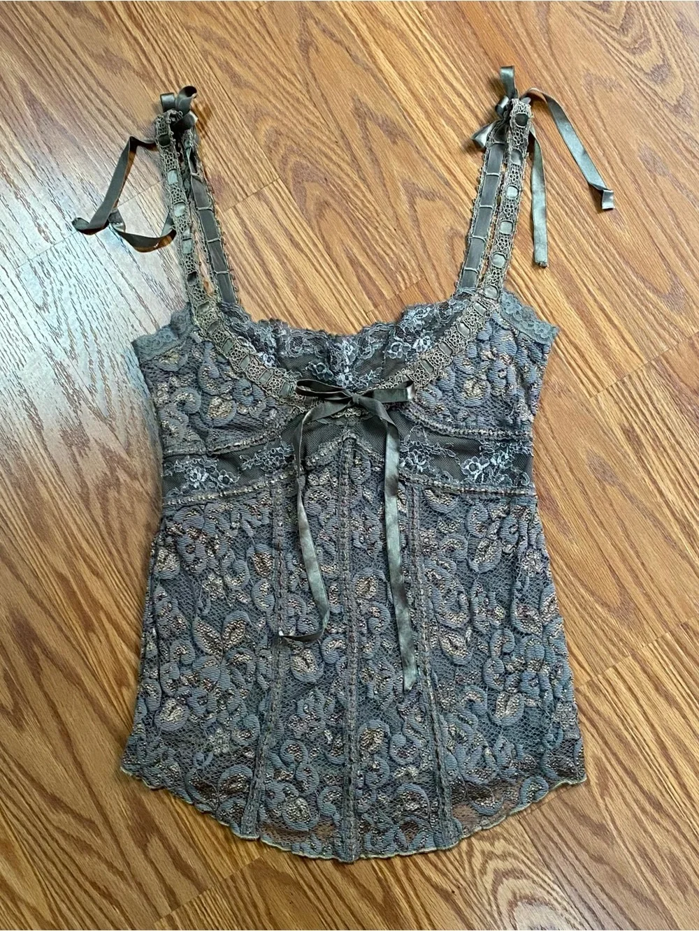Deadstock 90s/Y2k Ann Ferriday Lace Ribbon Detail Cami Tank Top - Olive Green - Picture 1 of 10